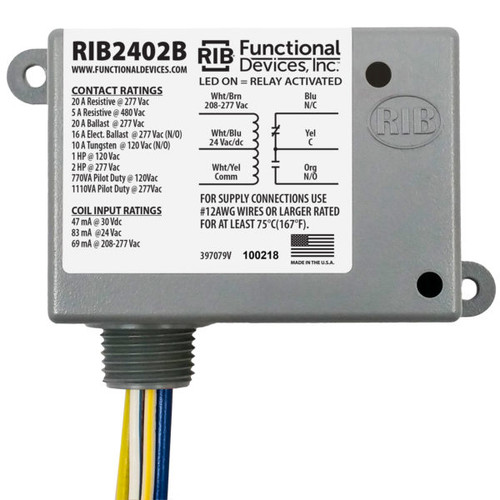 Functional Devices RIB2402B : Enclosed Power Relay, 20 Amp Contact Rating, Relay Contact Type: SPDT, 24 Vac/dc/208-277 Vac Coil Voltage, NEMA 1 Housing