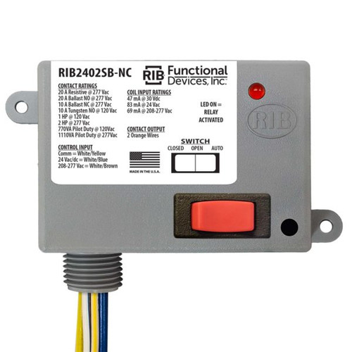 Functional Devices RIB2402SB-NC : Enclosed Power Relay, 20 Amp Contact Rating, Relay Contact Type: SPST-N/C + Override, 24 Vac/dc/208-277 Vac Coil Voltage, NEMA 1 Housing