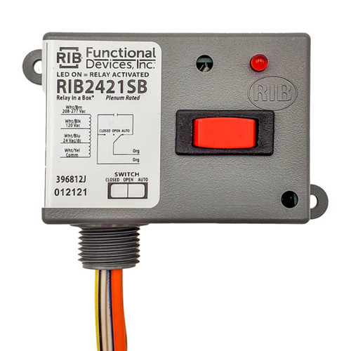 Functional Devices RIB2421SB : Enclosed Power Relay, 20 Amp Contact Rating, Relay Contact Type: SPST-N/O + Override, 24 Vac/dc/208-277 Vac/120 Vac Coil, NEMA 1 Housing