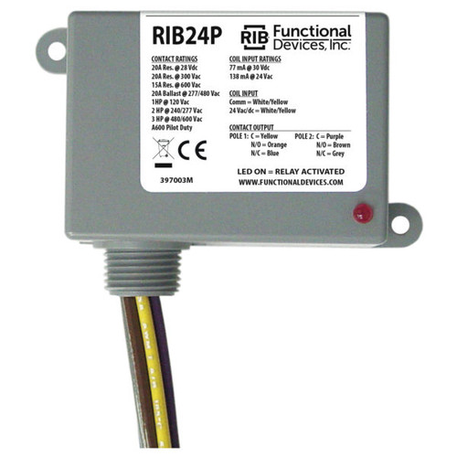 Functional Devices RIB24P : Enclosed Power Relay, 20 Amp Contact Rating, Relay Contact Type: DPDT, 24 Vac/dc Coil, NEMA 1 Housing