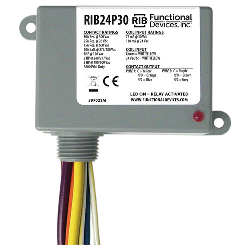 Functional Devices RIB24P30 : Enclosed Power Relay, 30 Amp Contact Rating, Relay Contact Type: DPDT, 24 Vac/dc Coil, NEMA 1 Housing