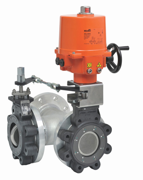 Belimo F7150-150SHP+SY4-220 : 3-Way 6" Inch Butterfly Valve, ANSI Class 150, Cv 1103 + Non Fail-Safe Industrial Valve Actuator, 240VAC, On/Off, Floating Point Control Signal, 2x SPDT, NEMA 4X, 2-Year Warranty