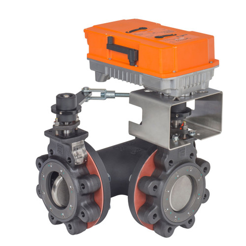 Belimo F765-150SHP+PRBUP-MFT-T : 3-Way 2-1/2" Inch Butterfly Valve, ANSI Class 150, Cv 146 + Non-Fail Safe Actuator, 24 to 240 VAC / 24 to 125 VDC, Programmable (2-10VDC Default) Control, Terminal Strip, 2x Aux. Switches, NEMA 4X, 5-Year Warranty