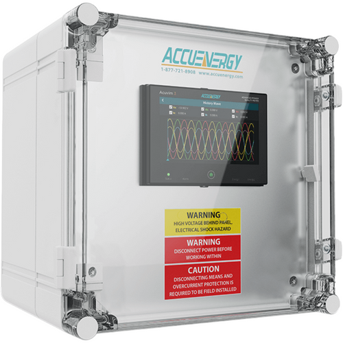 AccuEnergy ACUPANEL-9108X-3-MV-P3-IO1 : Pre-Wired Power Quality Control Panel, NEMA 4X Polycarbonate, Acuvim 3 Class A PQ Analyzer, 333mV / Rogowski Input, 480V Delta, IO1 (6DI, 2RO, 24Vdc DI Pwr), Clear Cover