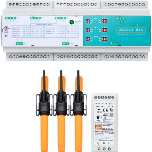 AccuEnergy RIK47-5A-10M : RIK 5A Rogowski Integrator Kit, 3-Channel, 0-5A Output, RCT47 Coil (47.24 in, 14.53 in Window), 10 m (32.8 ft) Leads, 7 Selectable Ratios, Includes Power Supply + 3 Rogowski Coils