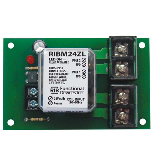 Functional Devices RIBM24ZL : Track Mount Power Relay, 30 Amp DPST-N/O, 24 Vac/dc Coil, 4.00" Track Mount