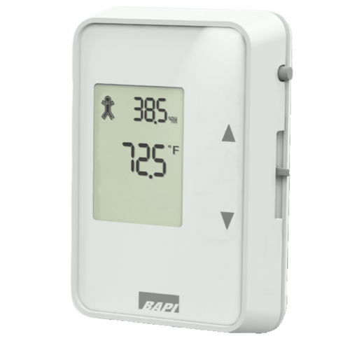 BAPI BA/HQF-B-C-1-D60-N-B : BAPI-Stat Quantum Room Temp/Humidity Sensor, F LCD Display, 0-10 VDC Humidity, 10K-2 Thermistor, Slider Setpoint (55-85°F / 0-10KΩ), Override Parallel w/ Sensor, Comm Jack C35 (3.5mm/1/8")