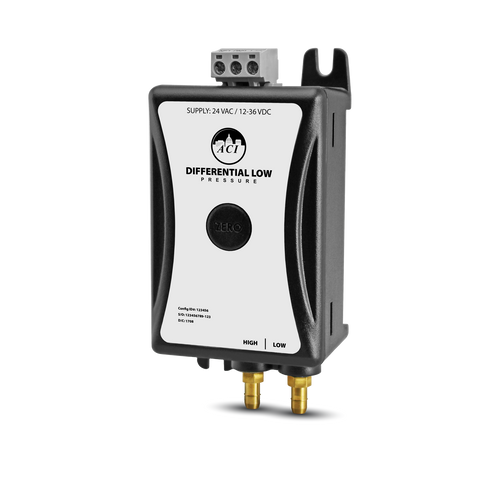 ACI A/MLP2-015-W-U-B-C-5P : Miniature Low Differential Air Pressure Transmitter, 0-15 in WC Unidirectional, 0-10 VDC Output, +/-0.25% Accuracy, DIN Rail or Panel Mount, 5-Point NIST Certificate, 5-Yr Warranty, Made in USA