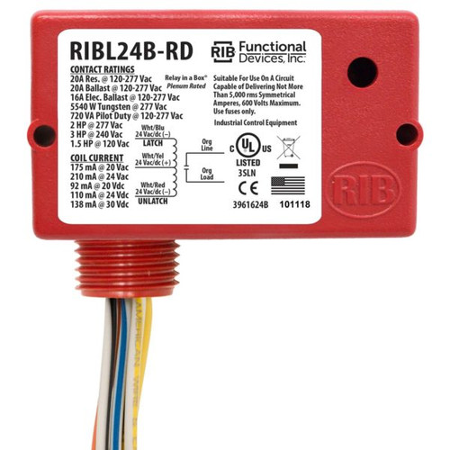Functional Devices RIBL24B-RD : Enclosed Mechanically Latching Relay, 20 Amp Contact Rating, Relay Contact Type: SPST, 24 Vac/dc Coil Voltage, Red NEMA 1 Housing