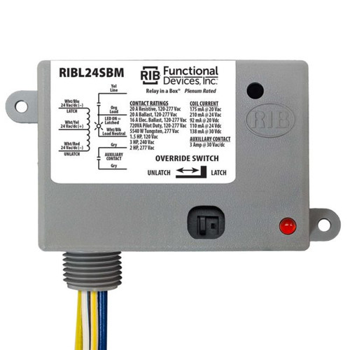 Functional Devices RIBL24SBM : Enclosed Mechanically Latching Relay, 20 Amp Contact Rating, Relay Contact Type: SPST + True Override, 24 Vac/dc Coil Voltage, Status LED, Auxiliary Output, NEMA 1 Housing