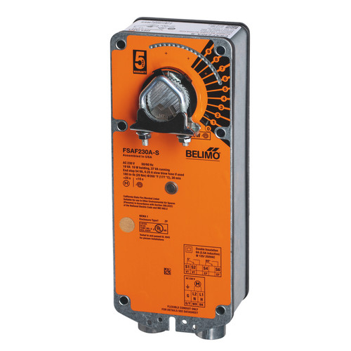 Belimo FSAF230A-S.1 : Fire & Smoke Damper Actuator, 60-Pack Bulk Case — 180 in-lb [20 Nm], 230VAC, On/Off Control, Spring-Return Fail-Safe, w/ 2x SPST Aux Switch, UL555/UL555S