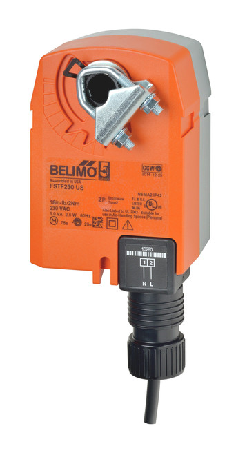 Belimo FSTF230-S.1 US : Fire & Smoke Damper Actuator, 60-Pack Bulk Case — 18 in-lb [2 Nm], 230VAC, On/Off Control, Spring-Return Fail-Safe, w/ 2x SPST Aux Switch, UL555/UL555S