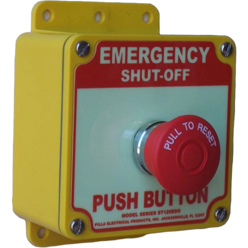 Pilla ST120ESOHB : Emergency Shut Off Push Button Operator Station, Maintained "Pull to Reset" 40mm Red Mushroom Operator, Surface Mount Nema 4x & 12 Nonmetallic Enclosure, Female PVC Hub/entrance, 12 Amp at 120 VAC, 10 Amp at 24 VDC, Fits 1-3 Contact Blocks
