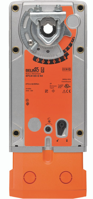 Belimo EFCX120-S N4 : Spring Return (Fast Fail-Safe) Damper Actuator, 270 in-lb Torque, 120/230 VAC, On/Off Control Signal, ~10s Spring Return, (2) SPDT Aux Switch, NEMA 4, 5-Year Warranty (Configurable)