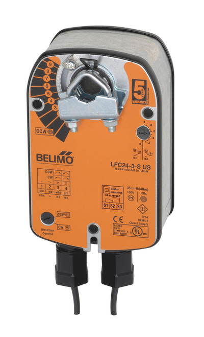 Belimo LFC24-3-S US : Spring Return (Fail-Safe) Damper Actuator, 35 in-lb Torque, 24VAC/DC, On/Off, Floating Point Control Signal, 90-Second Run Time, (1) SPDT Aux Switch, 5-Year Warranty