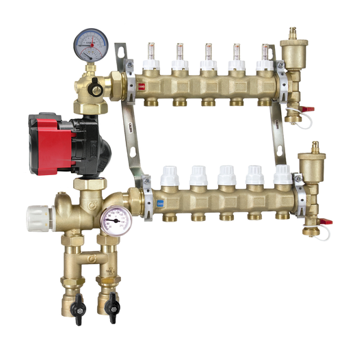 Caleffi 1725H1AHE IN : Thermostatic Manifold Mixing Station, 8-Port, Alpha High-Efficiency Pump, Inverted, 1-1/4"