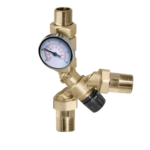 Caleffi 520410A : AngleMix 3-Way Thermostatic Mixing Valve 1/2" Male NPT w/ Temp Gauge