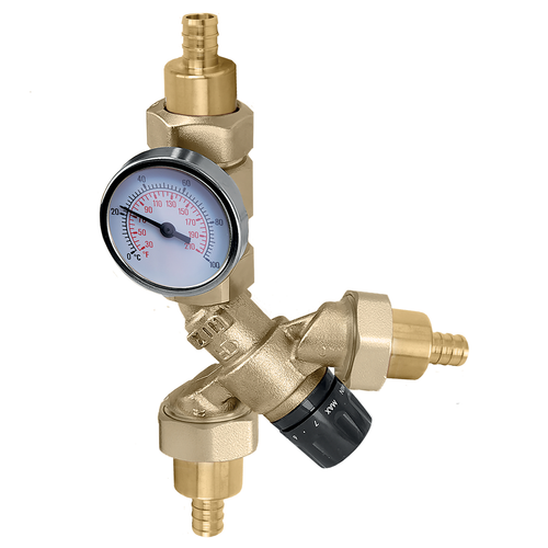 Caleffi 520514AC : AngleMix 3-Way Thermostatic Mixing Valve 3/4" PEX Crimp w/ Temp Gauge & Inlet Checks