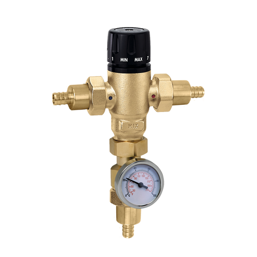 Caleffi 521417A : MixCal 3-Way Thermostatic Mixing Valve 1/2" PEX Crimp w/ Temp Gauge
