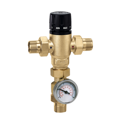 Caleffi 521510AC : MixCal 3-Way Thermostatic Mixing Valve 3/4" Male NPT w/ Temp Gauge & Inlet Checks