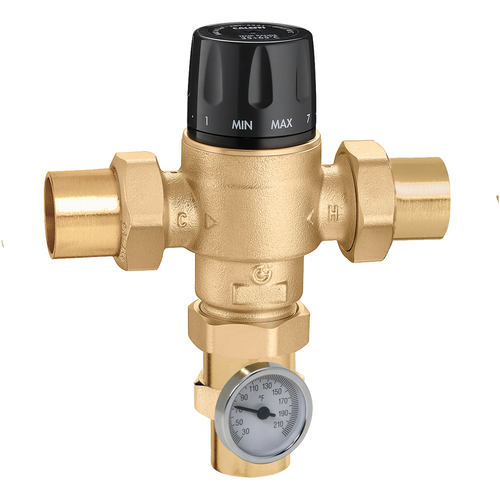 Caleffi 523177A : MixCal+ 3-Way Thermostatic Mixing Valve 1-1/4" Sweat w/ Temp Gauge