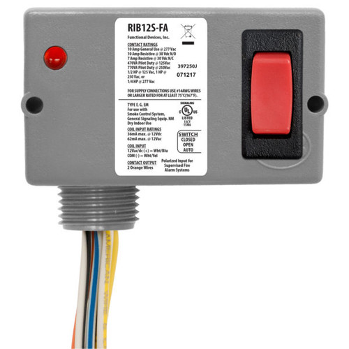 Functional Devices RIB12S-FA : Polarized Relay 10 Amp SPST-N/O + Override, 12 Vac/dc Coil, NEMA 1 Housing