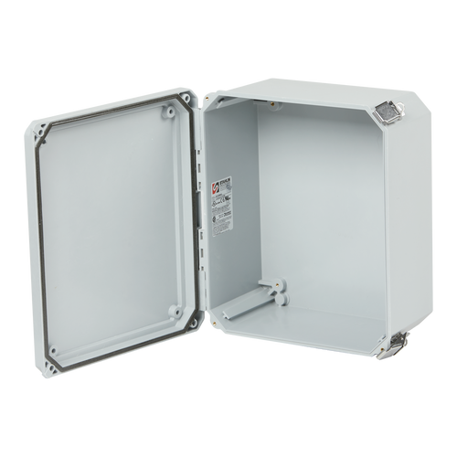 Stahlin DWG11006121006-RE150231.00 : **MODIFIED** Fiberglass Enclosure, Diamond Shield Series, Inside Diameter : 12.69 x 10.69 x 6.06, Hinged Opaque Cover, 2 Lockable Pull Latches, NEMA Ratings (UL508A, UL50 & UL50E): 1, 3, 3S, 4X, 12, 13) wit 6 hole(s) in 2 sides of the box.