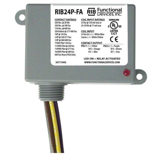 Functional Devices RIB24P-FA : Polarized Relay, 20 Amp DPDT, 24 Vac/dc Coil, NEMA 1 Housing