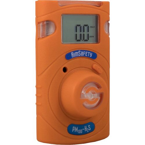 AimSafety PM100-H2S single-gas hydrogen sulfide monitor, three-quarter left view