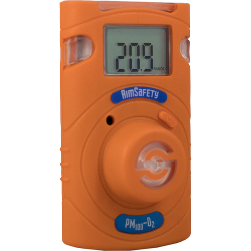 AimSafety PM100-O2 single-gas oxygen monitor, three-quarter left view