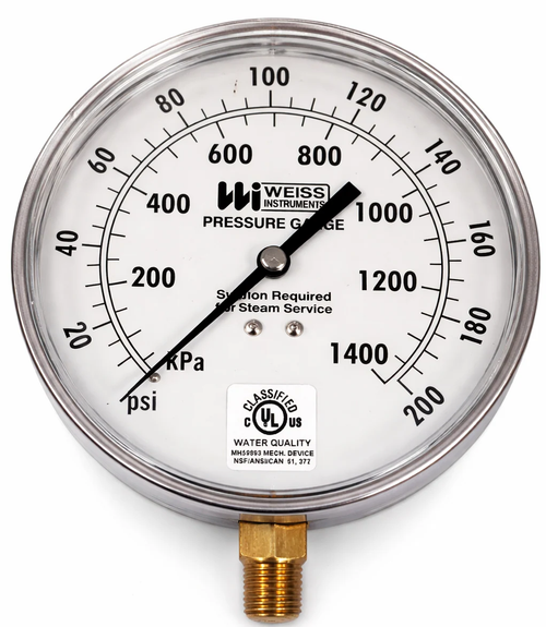 Miljoco-Weiss 4CTS-1-200-4L : Lead Free HVAC Pressure Gauge, 4-1/2 in Dial, 0-200 psi, 1/4 in NPT Lower, Stainless Steel Case