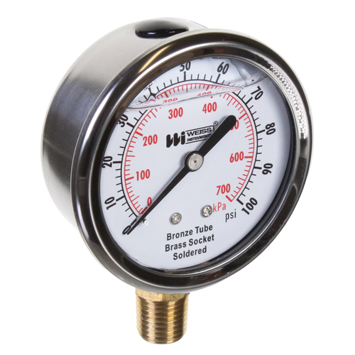 Miljoco-Weiss LF251-160-4L : Liquid Filled Stainless Steel Case Pressure Gauge, 2-1/2 in Dial, 0-160 psi, 1/4 in NPT Lower, Bronze Internals