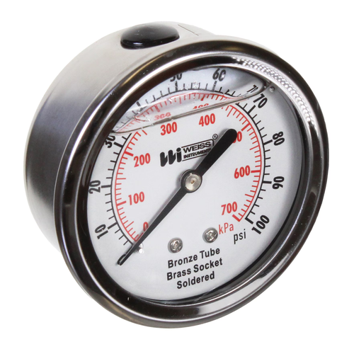 Miljoco-Weiss LF251-6000-4B : Liquid Filled Stainless Steel Case Pressure Gauge, 2-1/2 in Dial, 0-6,000 psi, 1/4 in NPT Center Back, Bronze Internals