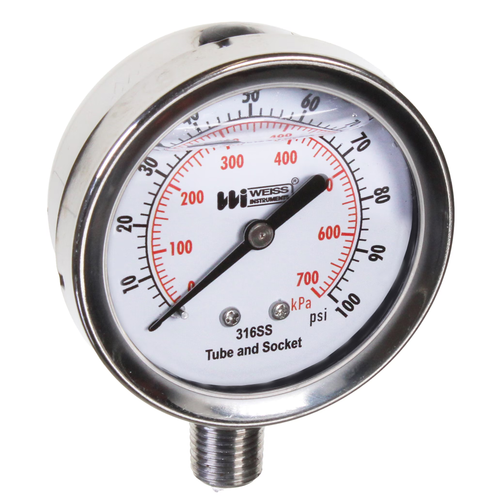 Miljoco-Weiss LF252-030-4L : Liquid Filled Stainless Steel Case Pressure Gauge, 2-1/2 in Dial, 0-30 psi, 1/4 in NPT Lower, 316 Stainless Steel Internals