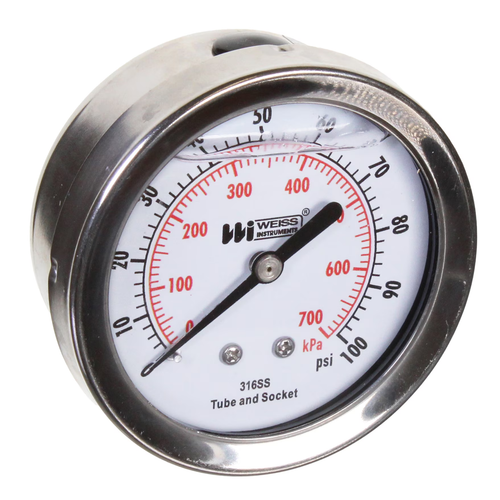 Miljoco-Weiss LF252-060-4B : Liquid Filled Stainless Steel Case Pressure Gauge, 2-1/2 in Dial, 0-60 psi, 1/4 in NPT Center Back, 316 Stainless Steel Internals