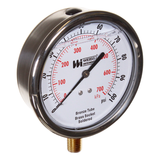 Miljoco-Weiss LF441-300-4L : Liquid Filled Stainless Steel Case Pressure Gauge, 4 in Dial, 0-300 psi, 1/4 in NPT Lower, Bronze Internals