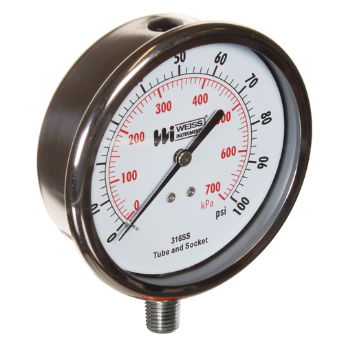 Miljoco-Weiss LF442-5000-4L : Liquid Filled Stainless Steel Case Pressure Gauge, 4 in Dial, 0-5,000 psi, 1/4 in NPT Lower, 316 Stainless Steel Internals