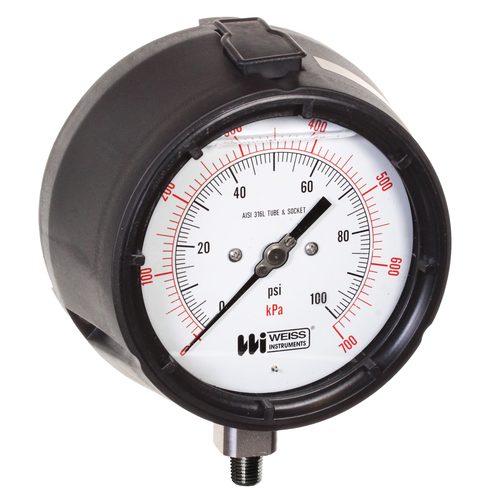 Miljoco-Weiss LF4UGY1-100-2L : Liquid Filled Process Pressure Gauge, 4-1/2 in Dial, 0-100 psi, 1/2 in NPT Lower, PBT Case, Brass Socket