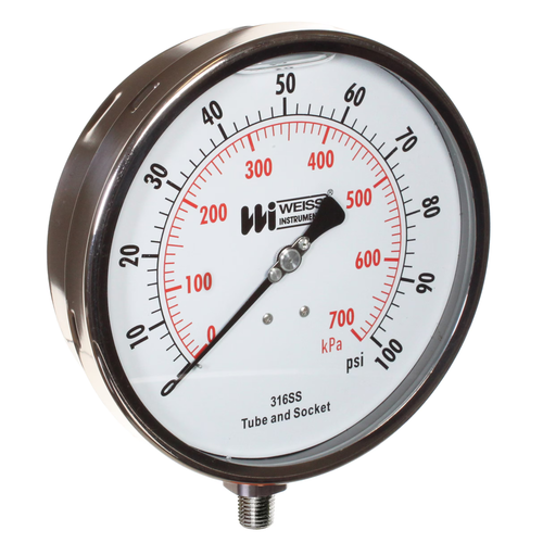 Miljoco-Weiss LF602-200-4L : Liquid Filled Stainless Steel Case Pressure Gauge, 6 in Dial, 0-200 psi, 1/4 in NPT Lower, 316 Stainless Steel Internals