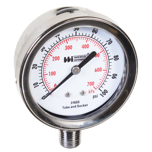 Miljoco-Weiss NF252-400-4L : Dry Stainless Steel Case Pressure Gauge, 2-1/2 in Dial, 0-400 psi, 1/4 in NPT Lower, 316 Stainless Steel Internals