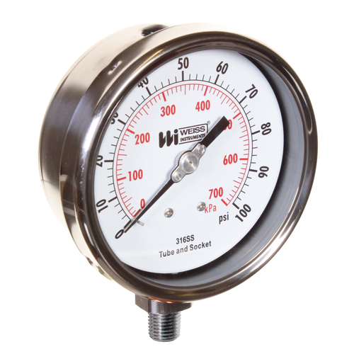 Miljoco-Weiss NF402-060-4L : Dry Stainless Steel Case Pressure Gauge, 4 in Dial, 0-60 psi, 1/4 in NPT Lower, 316 Stainless Steel Internals
