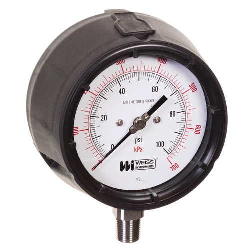 Miljoco-Weiss NF4UGY2-100-4L : Dry Process Pressure Gauge, 4-1/2 in Dial, 0-100 psi, 1/4 in NPT Lower, PBT Case, 316 SS Socket
