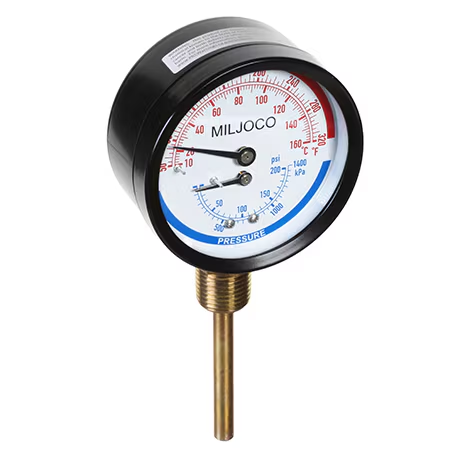 Miljoco-Weiss PB300821-2-25 : Pressure/Temperature Gauge (Tridicator), 3 in Dial, 0-75 psi, 50 to 320°F, 1/4 in NPT Back