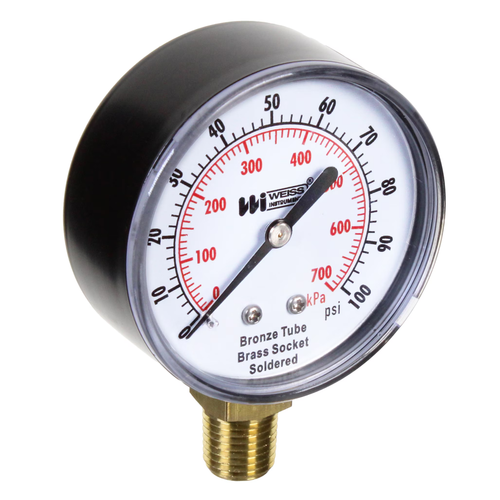 Miljoco-Weiss TL25-V30-4L : Utility Pressure Gauge, 2-1/2 in Dial, 30 inHg-0-30 psi, 1/4 in NPT Lower, Black Steel Case