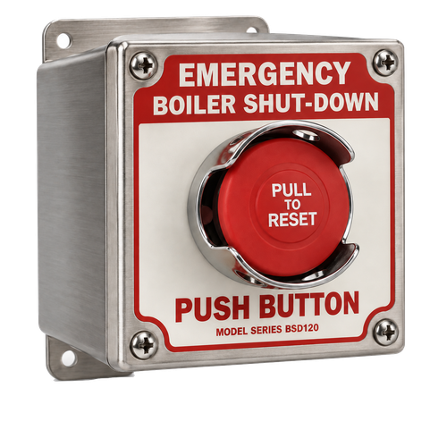 Pilla BSD120GMcrmMS : "Emergency Boiler Shut Down" Push Button Station, Maintained (Pull to Reset) 40mm Mushroom Button, Chrome Metal Guard, Surface Mount All Stainless Steel Model, NEMA 4X/12 Rated, Fits 1-6 Contact Blocks, 1/2"-3/4" Knockout on Back.