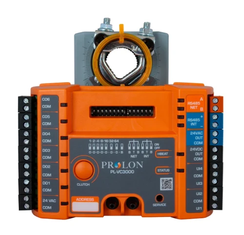 Prolon PL-VC3000LT-BP bypass damper controller with integrated 45 in-lb Belimo actuator, built-in 0–2 in. WC pressure sensor, two universal inputs, and Modbus RTU or BACnet MS/TP communication.