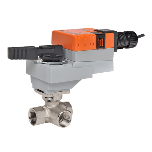 Belimo B307+LRX24-3 : 3-Way 1/2" Characterized Control Valve (CCV), Cv Rating 0.3, (0.6 GPM @ Δ 4 psi), Stainless Steel Trim + Configurable Non-Spring Valve Actuator, 24VAC/DC, On/Off, Floating Point Control Signal, 5-Year Warranty