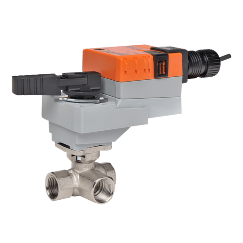 Belimo B308+LRX120-SR : 3-Way 1/2" Characterized Control Valve (CCV), Cv Rating 0.46, (0.92 GPM @ Δ 4 psi), Stainless Steel Trim + Configurable Non Fail-Safe Valve Actuator, AC 100...240 V, On/Off, Modulating 2-10VDC Control Signal, 5-Year Warranty