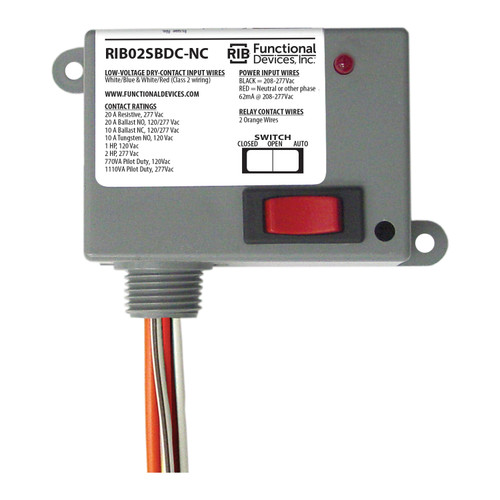 Functional Devices RIB02SBDC-NC : Dry Contact Relay, 20 Amp SPST-N/C + Override, Class 2 Dry Contact Input, 208-277 Vac Power Input, NEMA 1 Housing