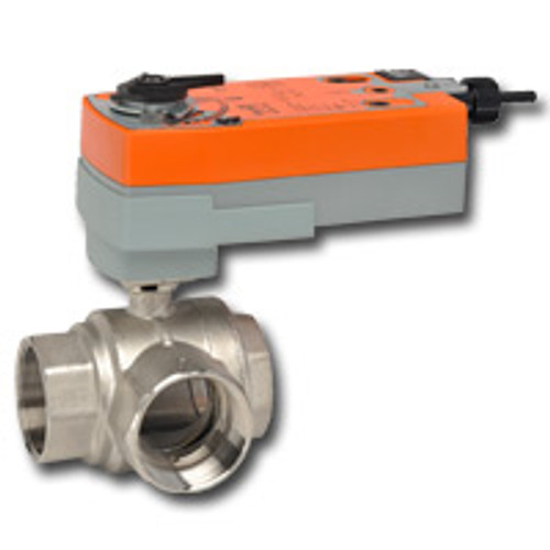 Belimo B330+AFRXUP : 3-Way 1-1/4" Characterized Control Valve (CCV), Cv Rating 19, (38 GPM @ Δ 4 psi), Stainless Steel Trim + Config. Fail-Safe Actuator, "UP" - Universal Power : 24 to 240 VAC / 24 to 125 VDC, On/Off Control Signal, 5-Year Warranty